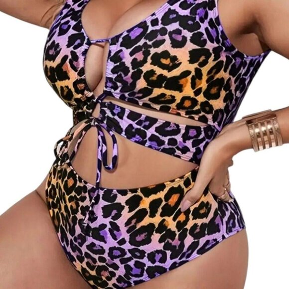 Womens Plus 2X Multi-Color Leopard Print One Piece High Waist Cut Out Swimsuit - Picture 3 of 9